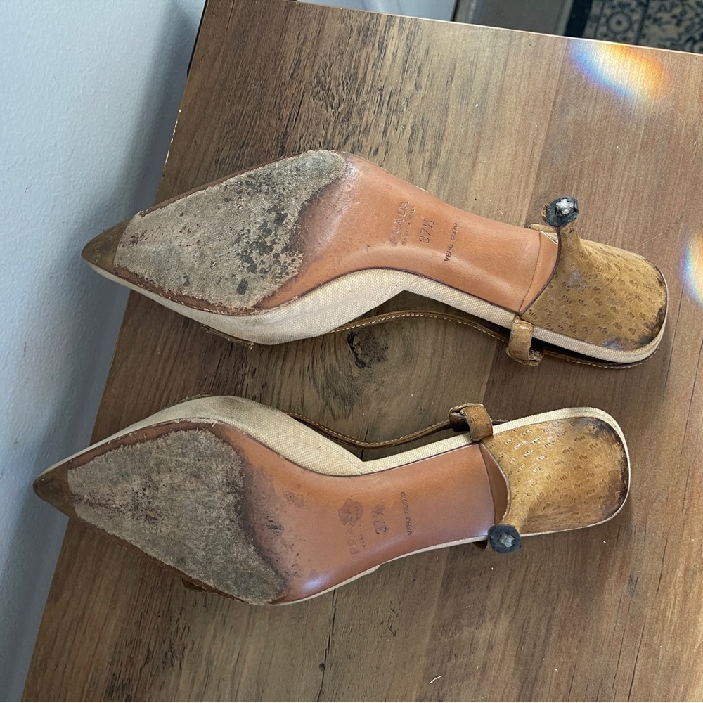 Prada Canvas & Suede Buckle Slingback Mules Heel Pumps shoes size 37.5 - Picture 11 of 11